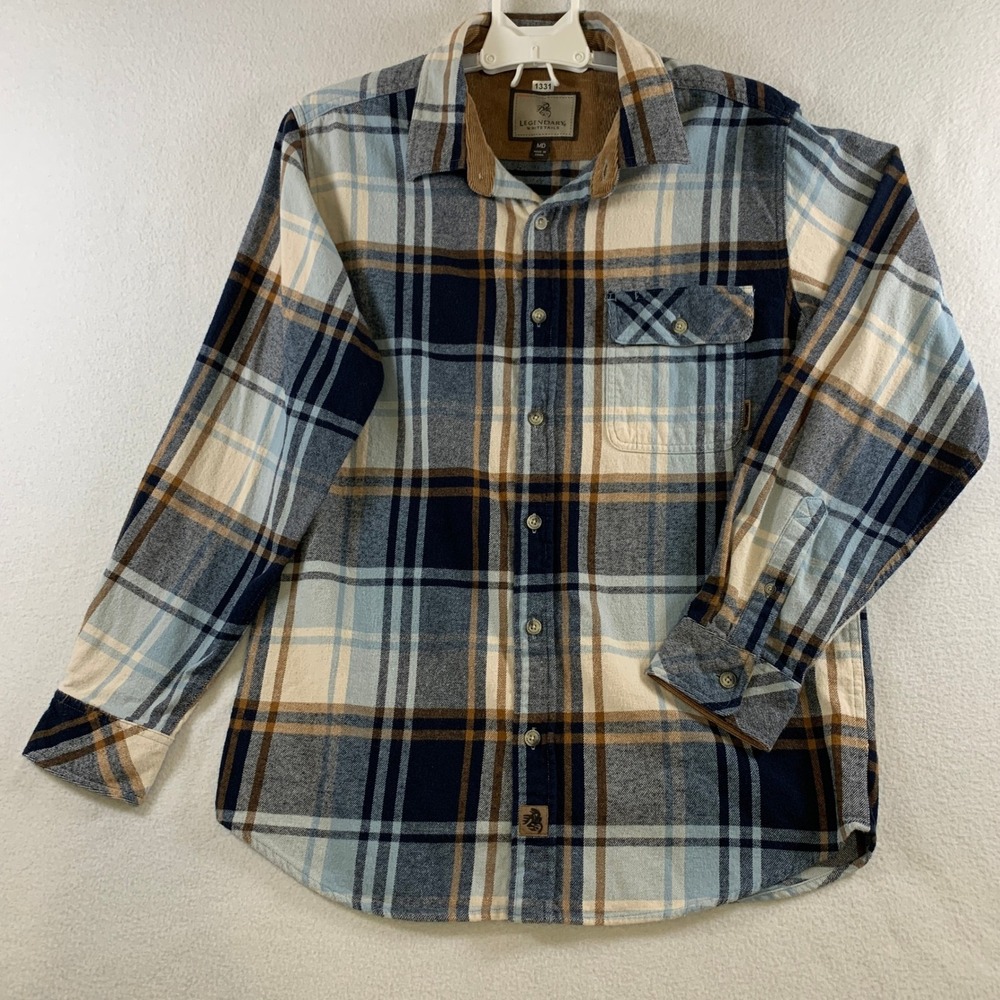 Legendary Whitetails Flannel Shirt Men's M Blue Plaid Corduroy‎ Trim Long Sleeve